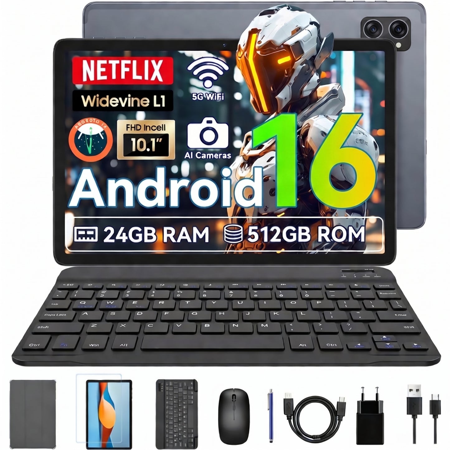 Maxim LitePad V13 Ultra Slim 10.1" 24GB + 512GB Android 16 5G Wifi, Keyboard | Wireless Mouse | Leather Case | Screen Guards