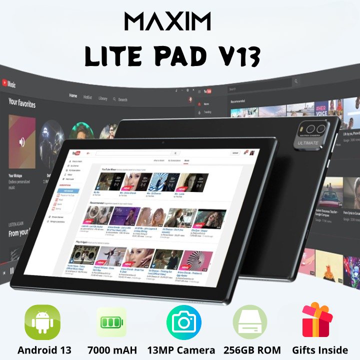 Maxim LitePad V13 Ultra Slim 10.1" 8GB + 256GB Android 13 5G Wifi, Keyboard | Wireless Mouse | Leather Case | Screen Guards - Maxim